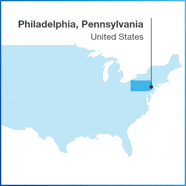 美国地图突出费城，宾夕法尼亚州费城